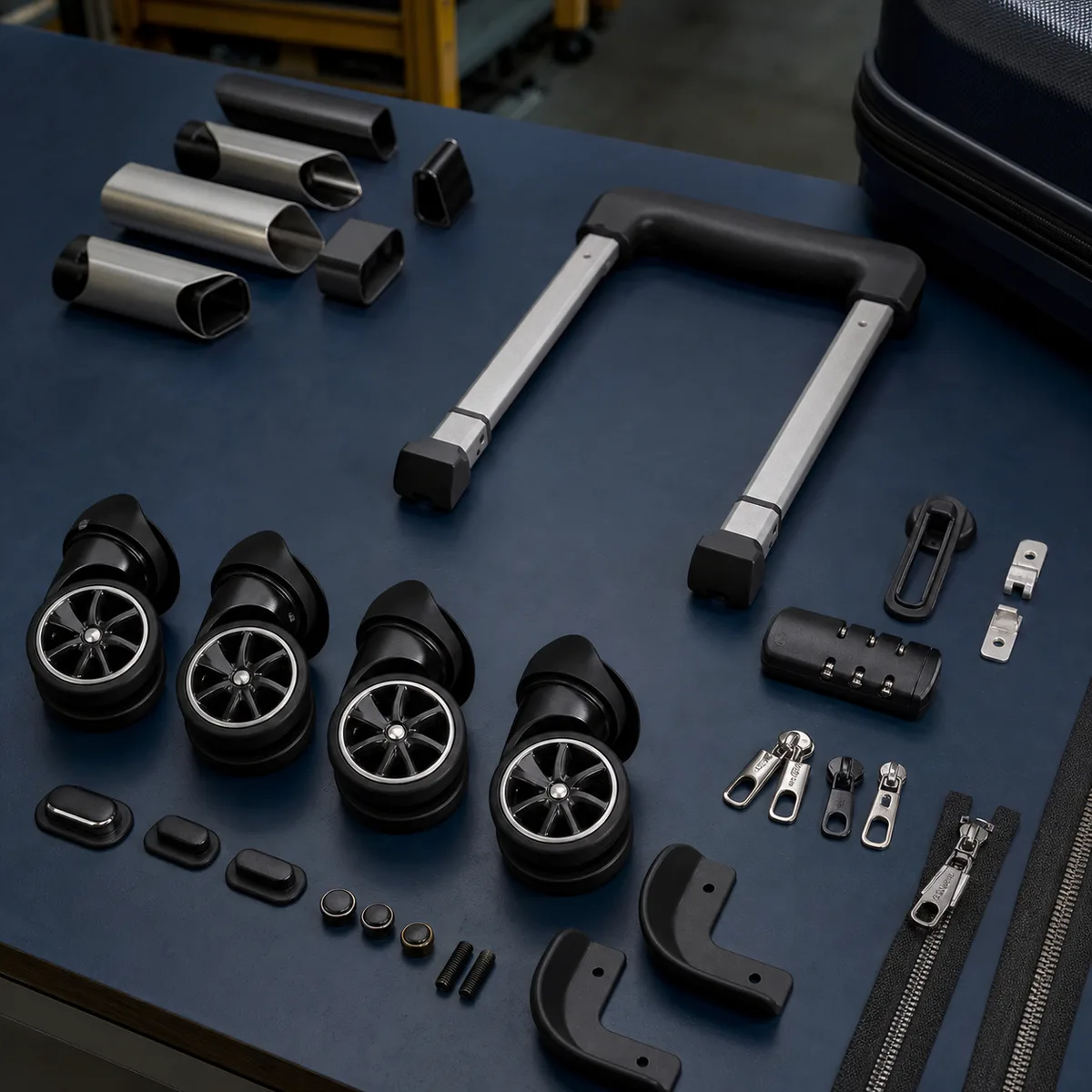 AI-assisted visual of luggage wheels, trolley handle, lock and zipper components