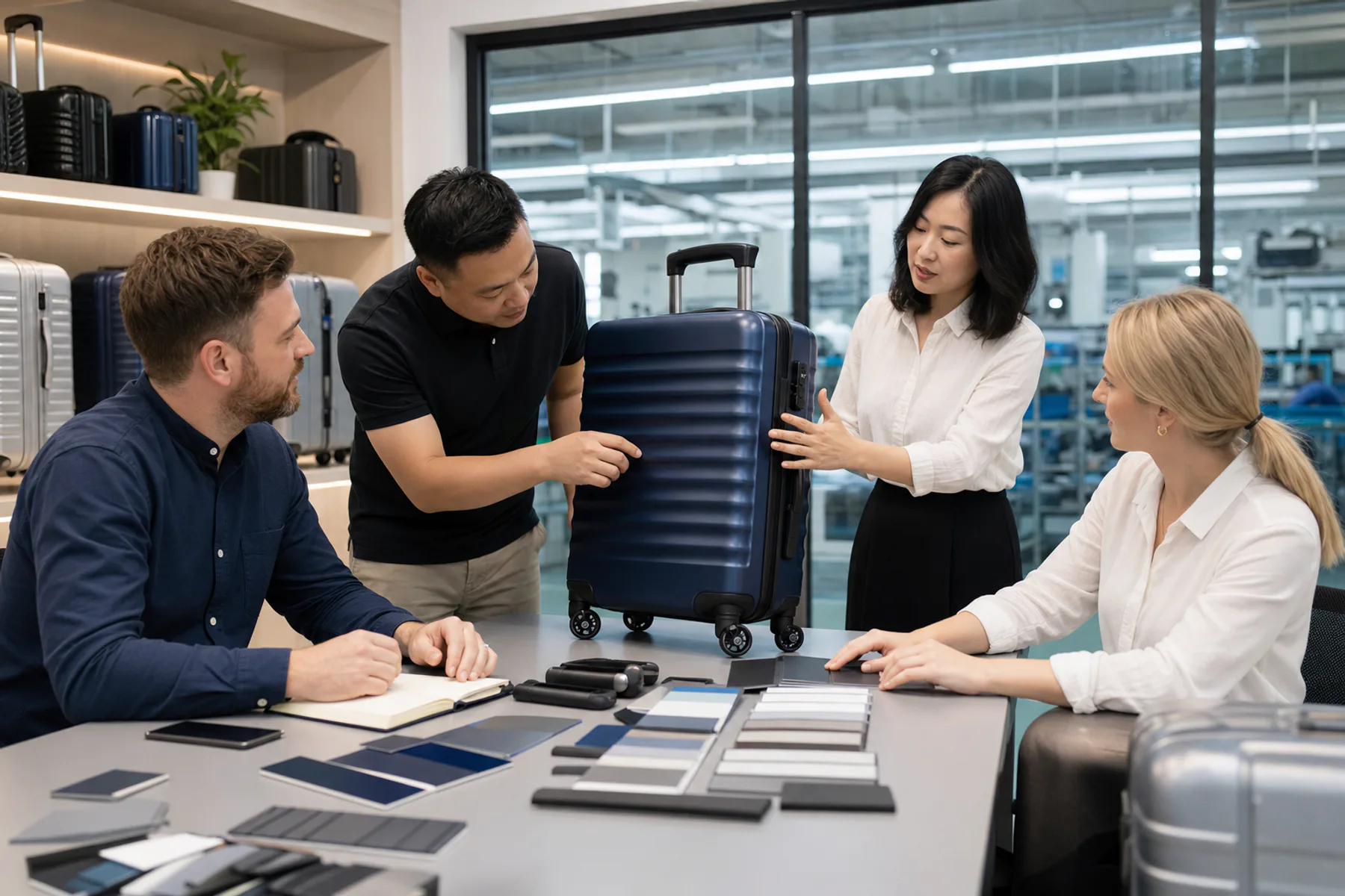 AI-assisted visual of buyers reviewing a luggage sample with factory staff