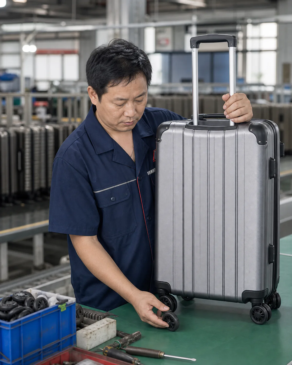 AI-assisted visual of a worker inspecting a suitcase wheel
