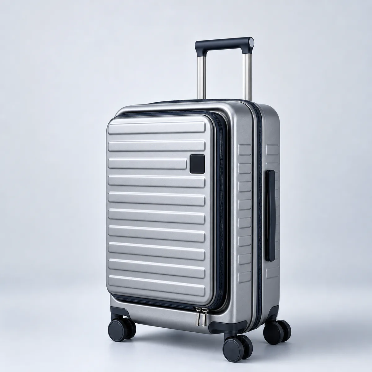 Silver-gray front-opening hard-shell suitcase based on a supplied product photo
